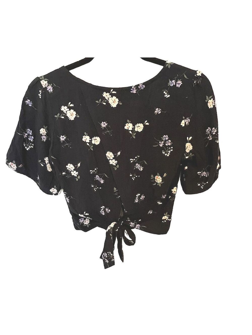 Abercrombie Fitch Floral Wrap Crop Top Black Short Sleeve Tie Back V-Neck XS - Picture 2 of 3